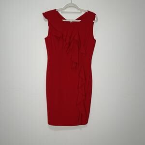 Calvin Klein Ruffle Front Cocktail Dress 10 Red Classy Event Wedding Guest